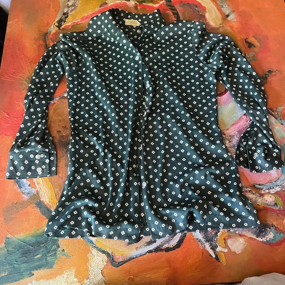 Vintage 70s Graphic Print green Women's Disco Button Blouse Best Fits medium 8 - Picture 6 of 7